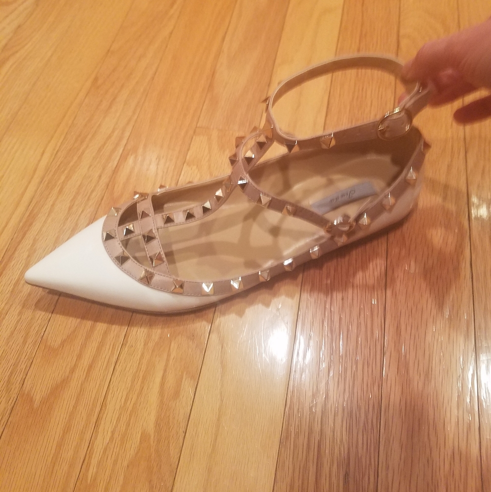 Off white patent ankle strap flats with studs